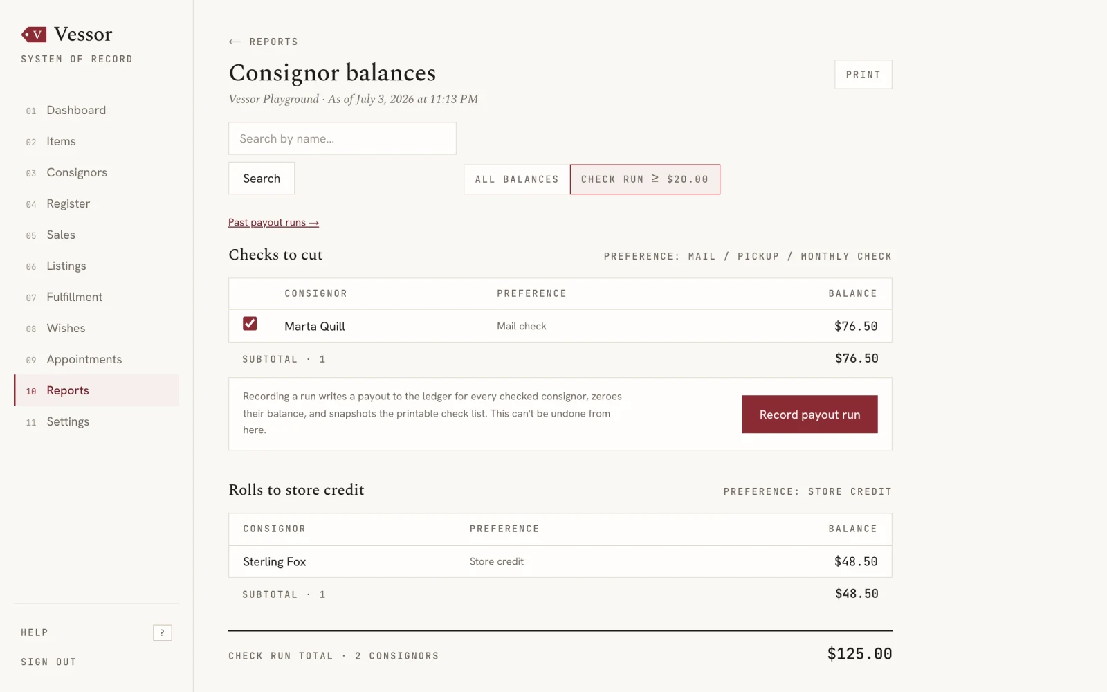 Vessor consignor balances report — each consignor's running balance with a check-run threshold applied