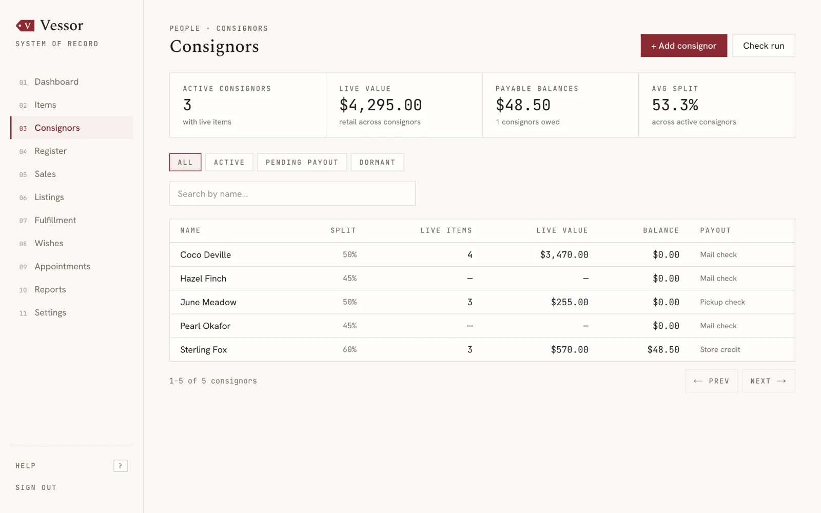 Vessor consignors screen — a table listing each consignor with their split percentage, live items, live value, and balance