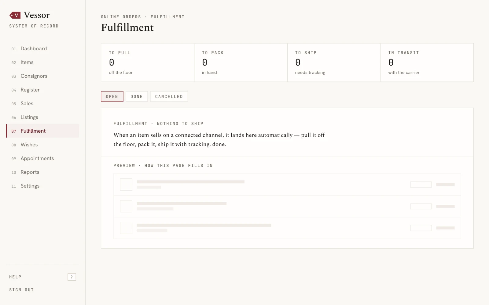 Vessor fulfillment screen — when an item sells on a connected channel it lands here automatically to be pulled off the floor