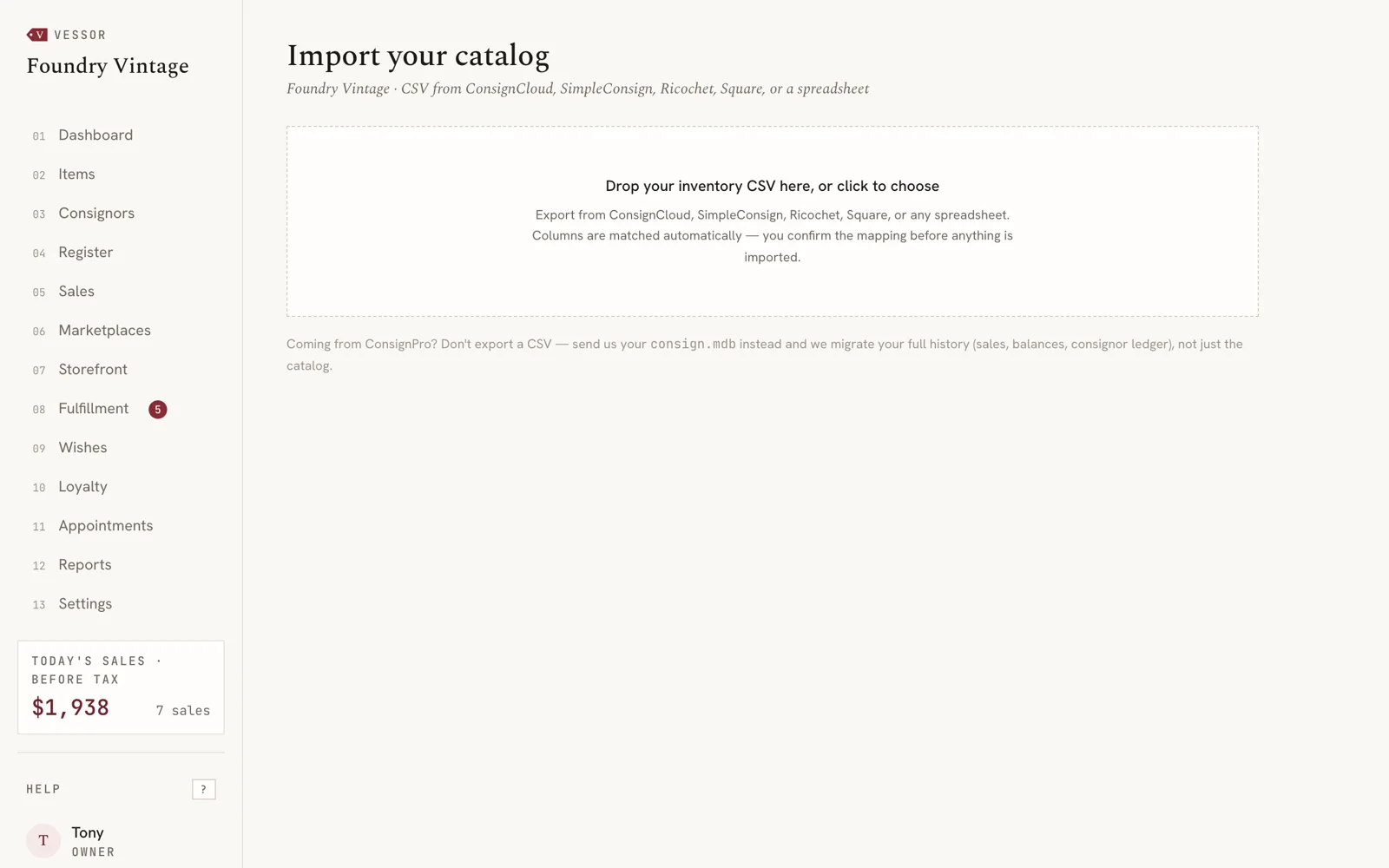 Vessor's Import your catalog page, where a shop drops its old system's export and confirms the mapping before anything is imported