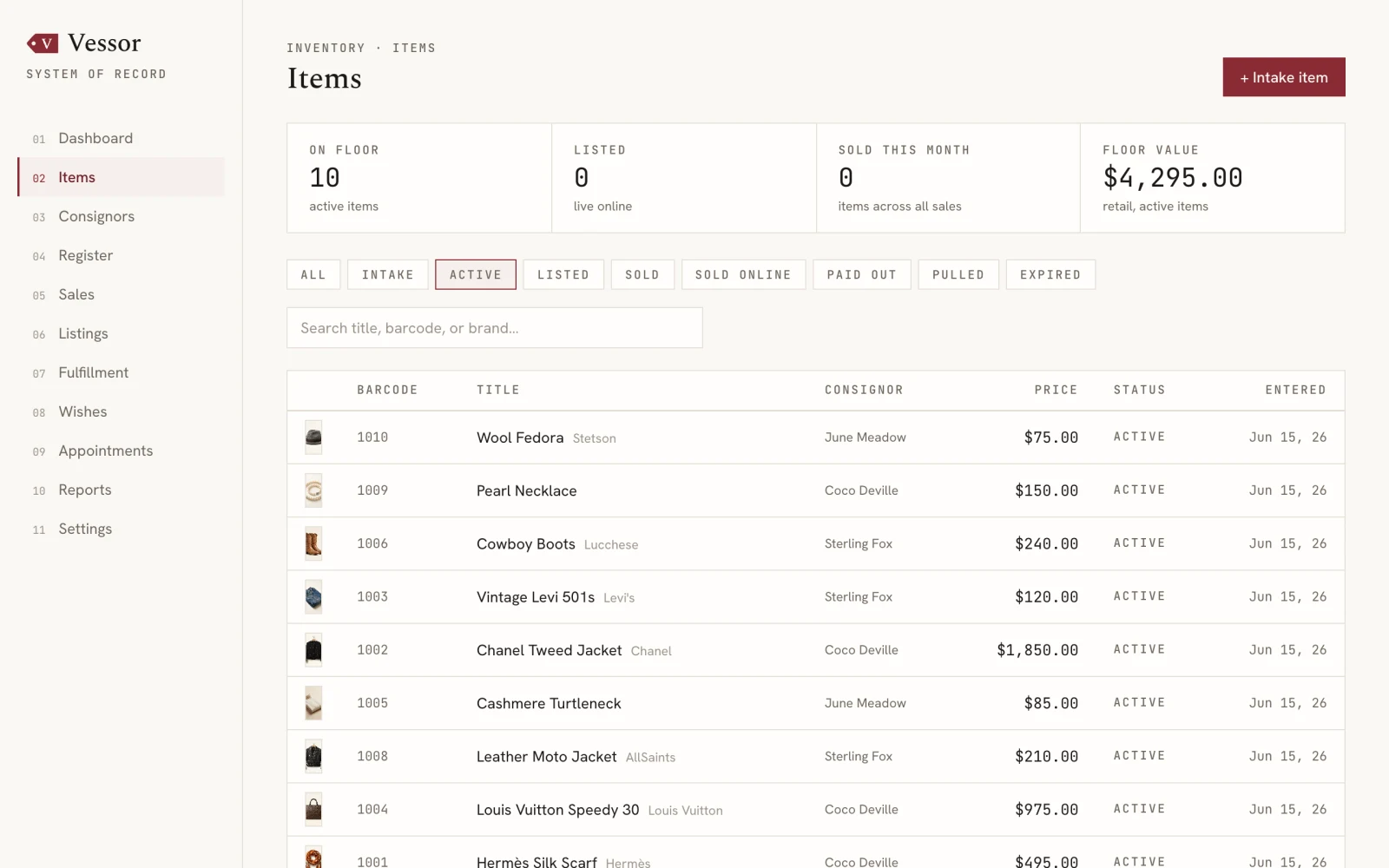 Vessor items screen — an imported inventory of one-of-a-kind pieces, each with its preserved barcode, consignor, and price