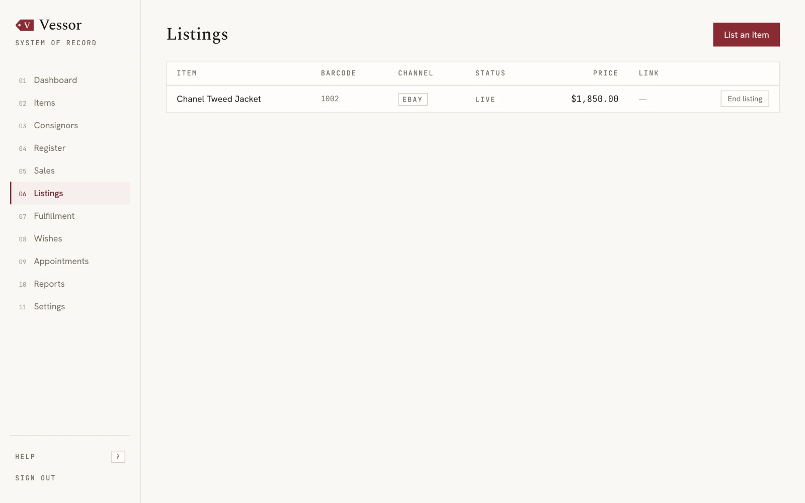 Vessor listings screen — an item listed LIVE on eBay, not just an in-house webstore