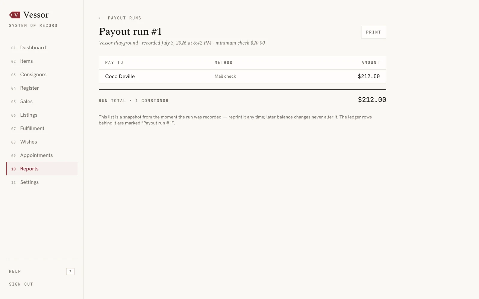 Vessor payout run screen — a recorded batch of checks with pay-to names, method, and amounts totaled