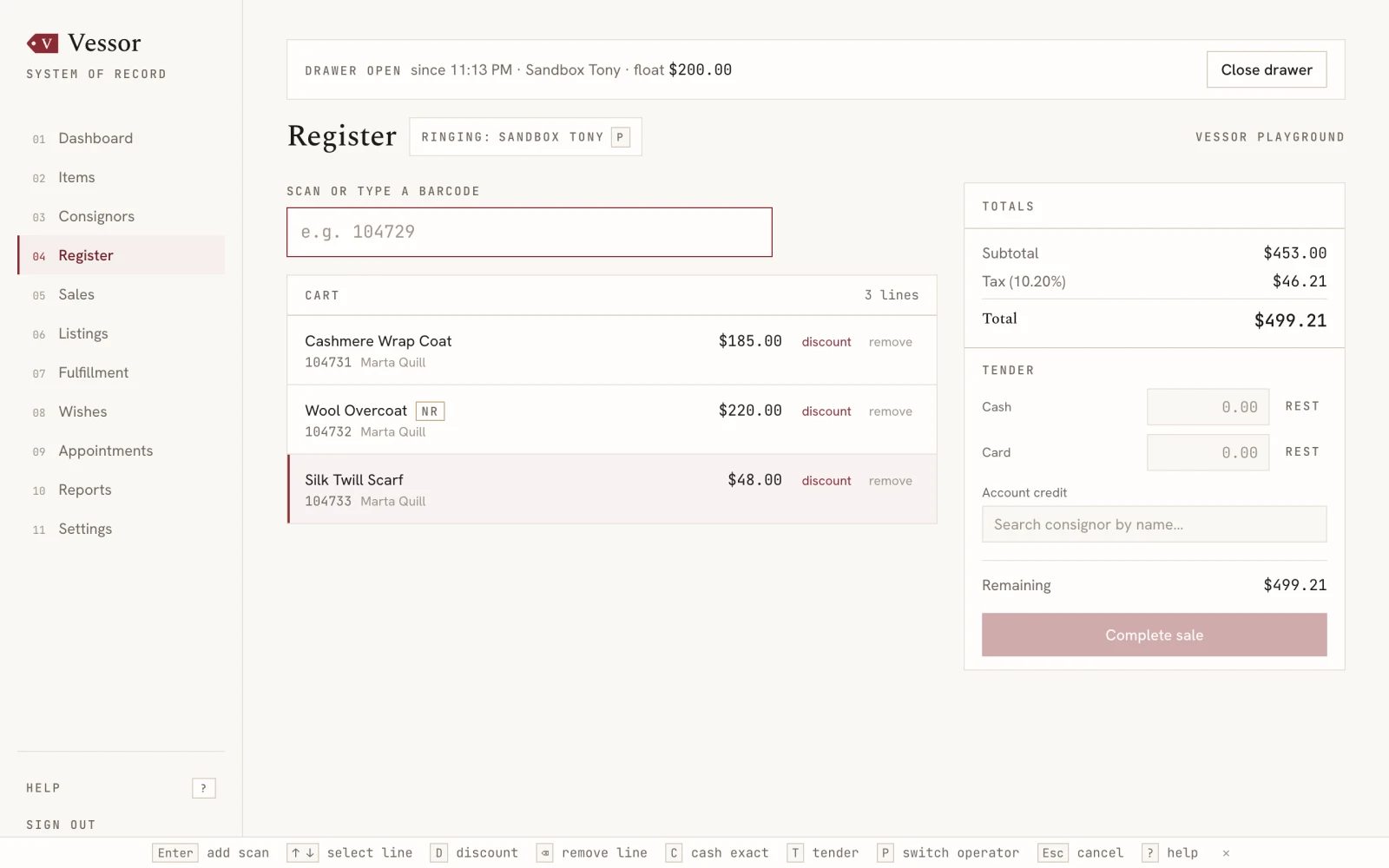 Vessor register screen — a live cart with scanned items, split tender, and consignor account credit