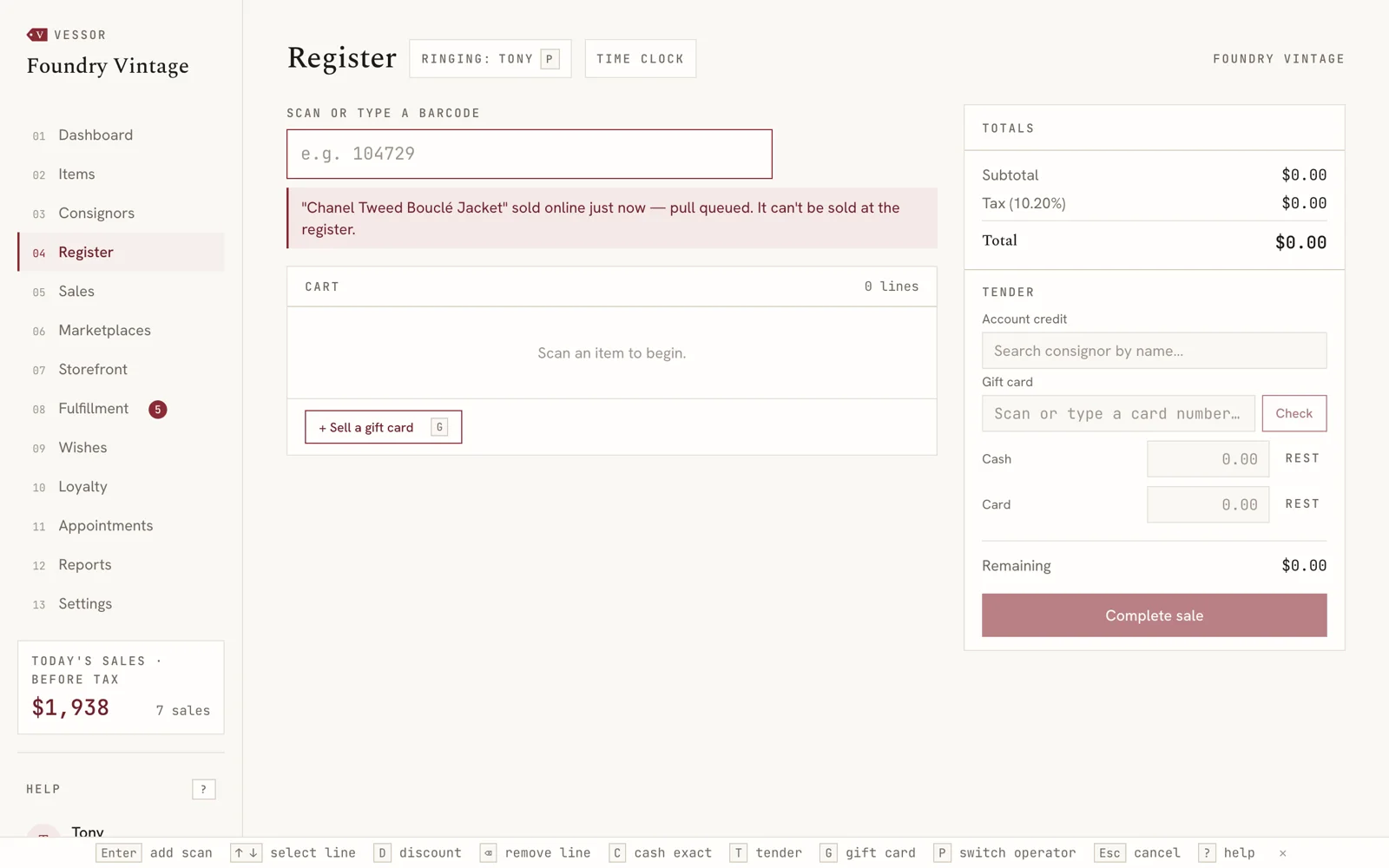 Vessor register screen refusing to sell an item that sold online moments earlier, with a pull-from-the-floor notice