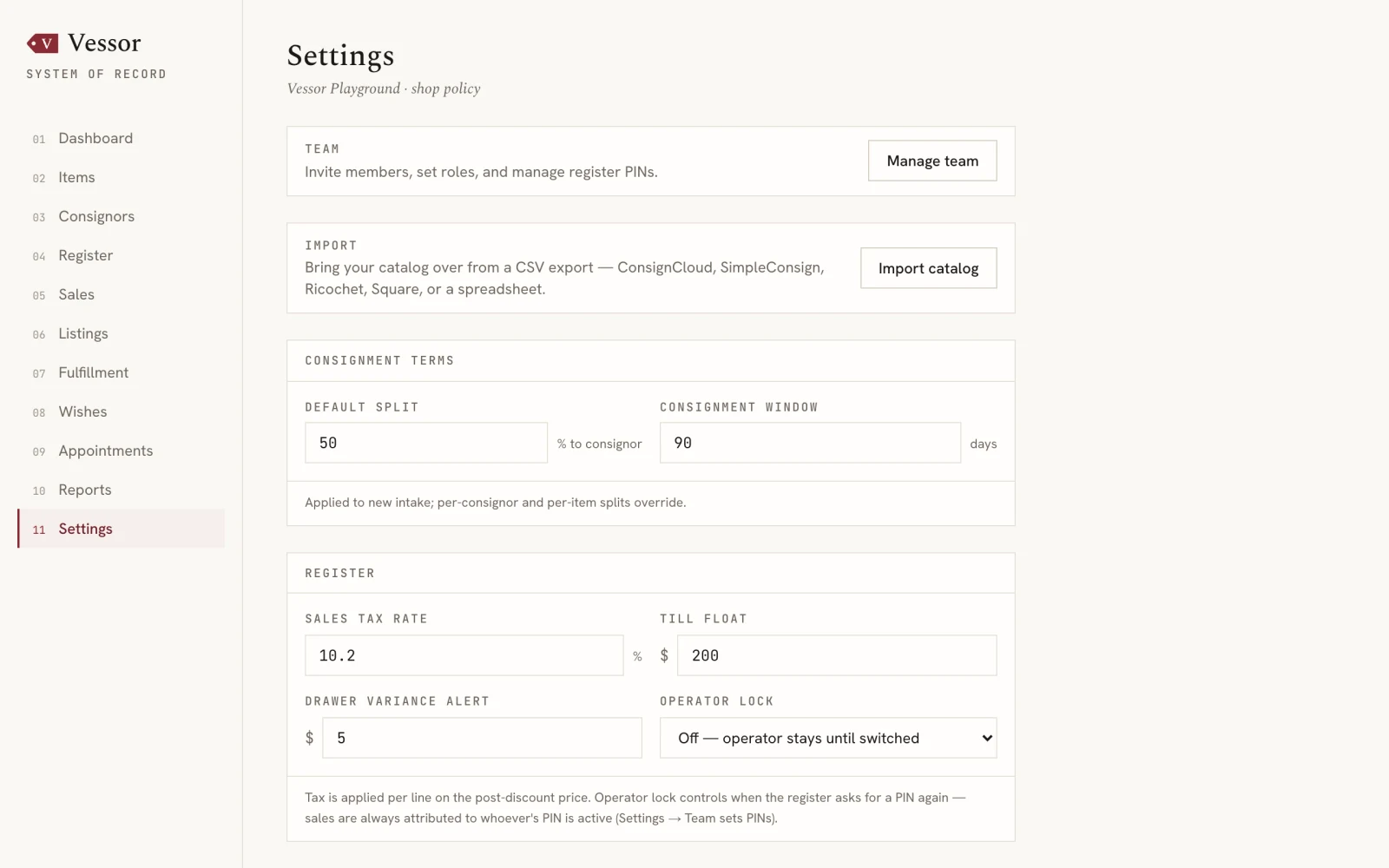 Vessor settings screen — shop policy controls including consignment terms and default split, all owner-controlled