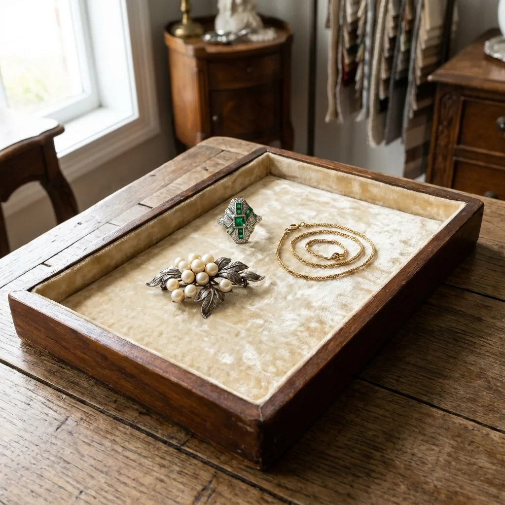 Estate jewelry in a velvet-lined wooden tray — emerald ring, pearl brooch, gold chain