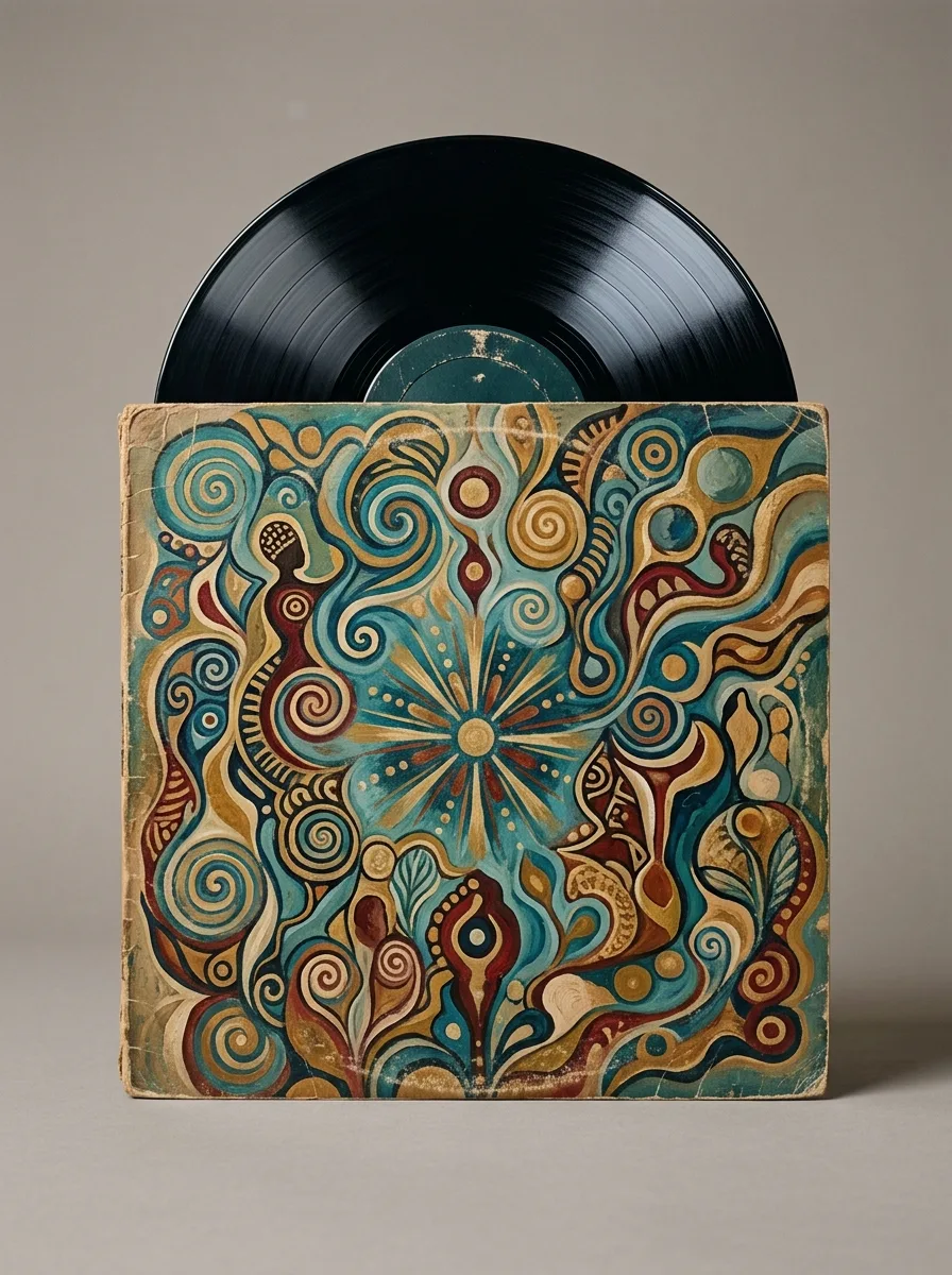 Vinyl LP sliding out of a psychedelic printed sleeve