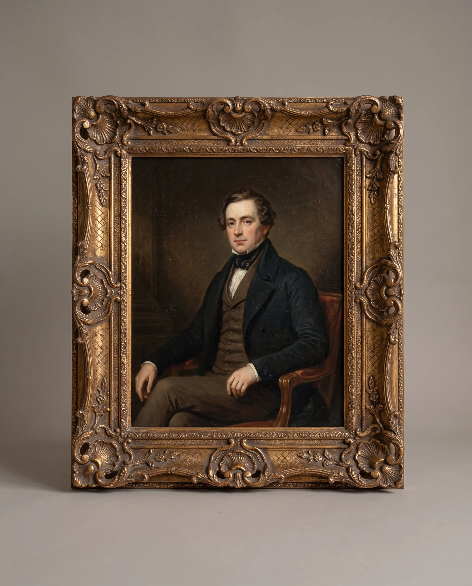 Framed 19th-century oil portrait in an ornate gilt frame