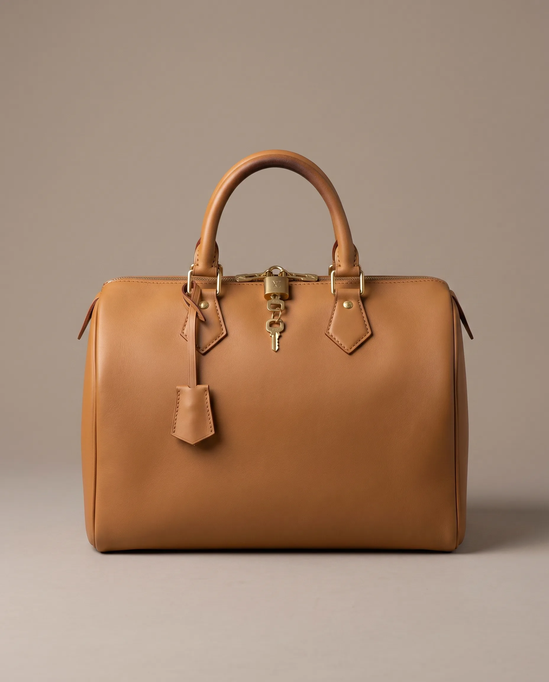 Structured camel leather designer handbag with gold hardware