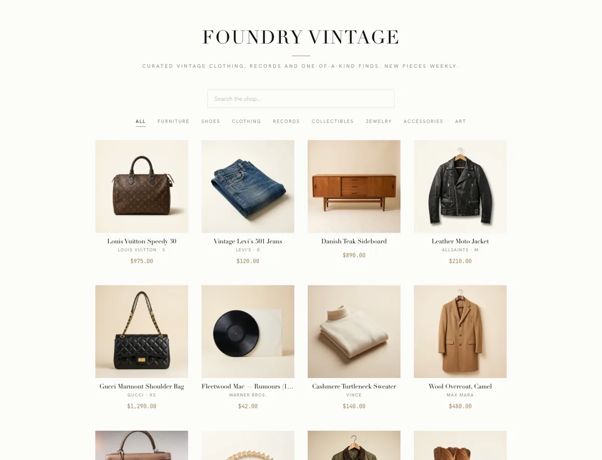 Foundry Vintage's Vessor storefront in the Gallery theme — a clean serif grid of vintage clothing, records, and furniture