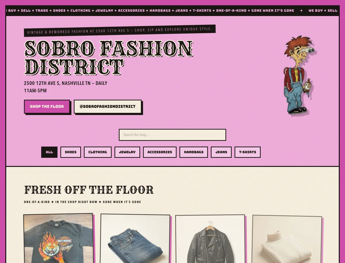 Sobro Fashion District's custom Vessor storefront — hot pink, hand-drawn mascot, arcade lettering, unmistakably theirs