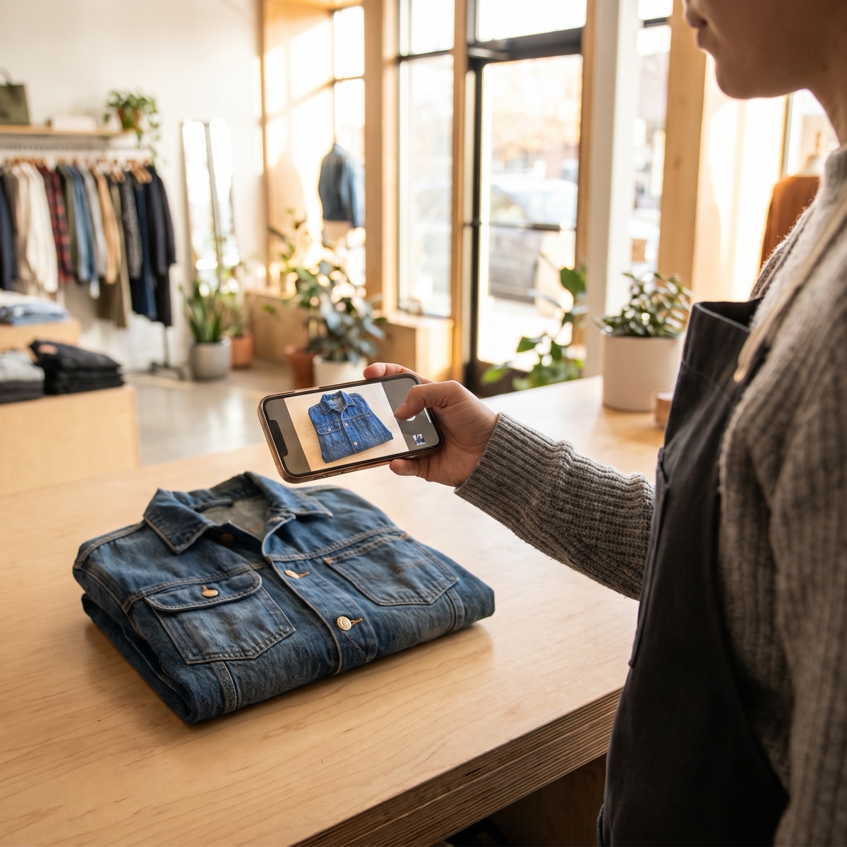 A shop employee photographing a folded vintage denim jacket on the counter with a phone