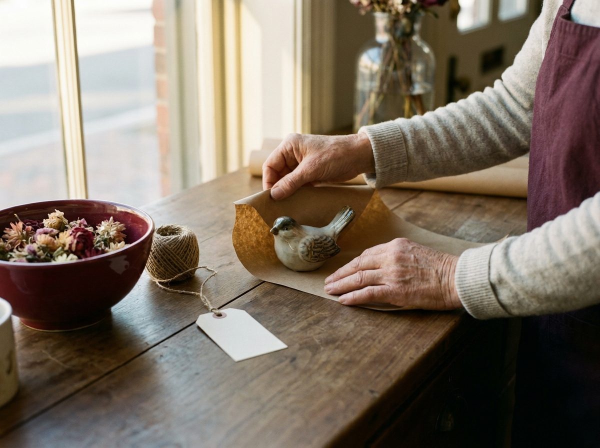 Hands wrapping a small ceramic piece in kraft paper at a shop counter