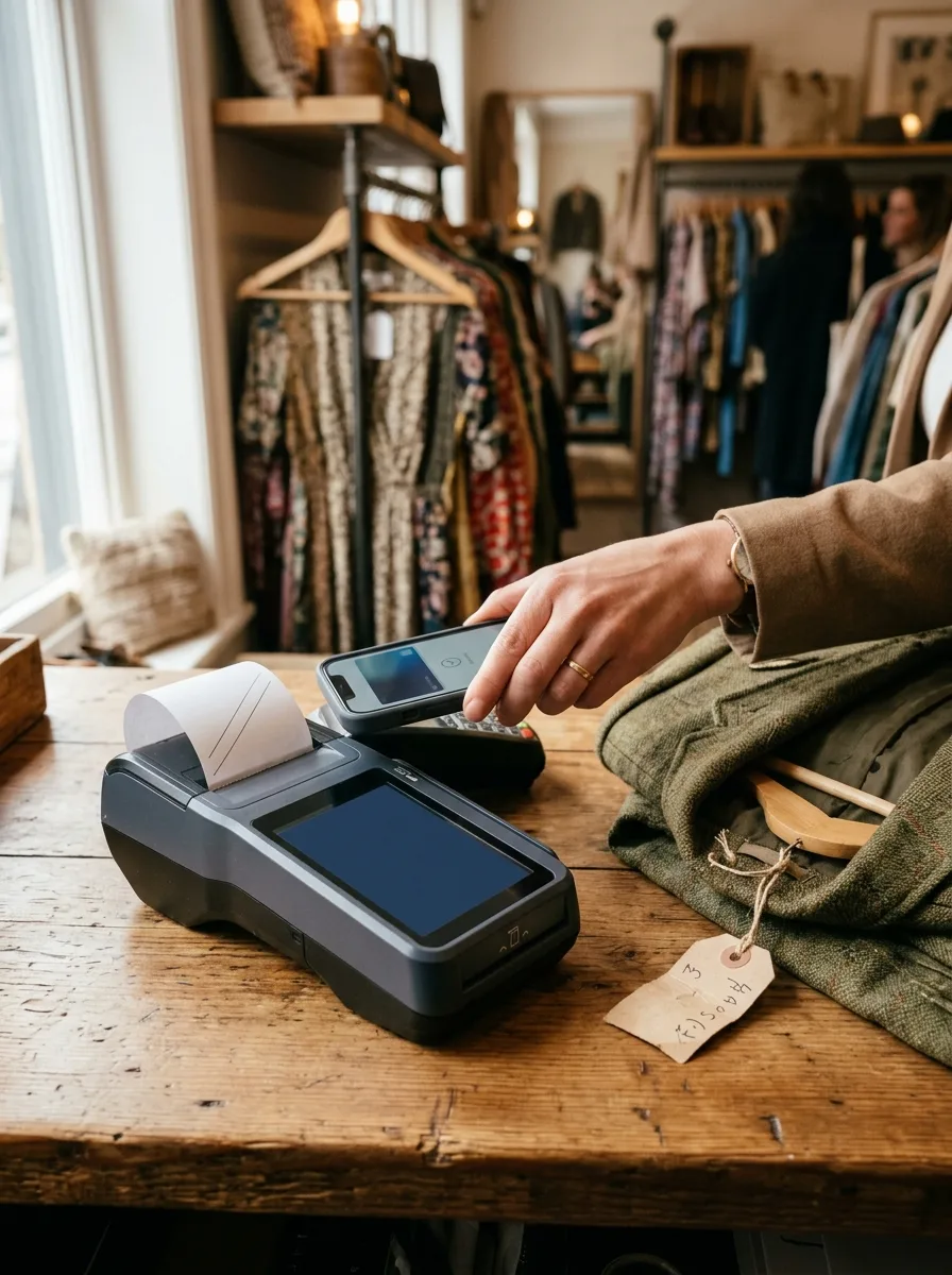 A card payment terminal with a receipt printer on a wood counter in a vintage clothing boutique, a hand tapping a phone to pay beside a folded jacket and a blank price tag