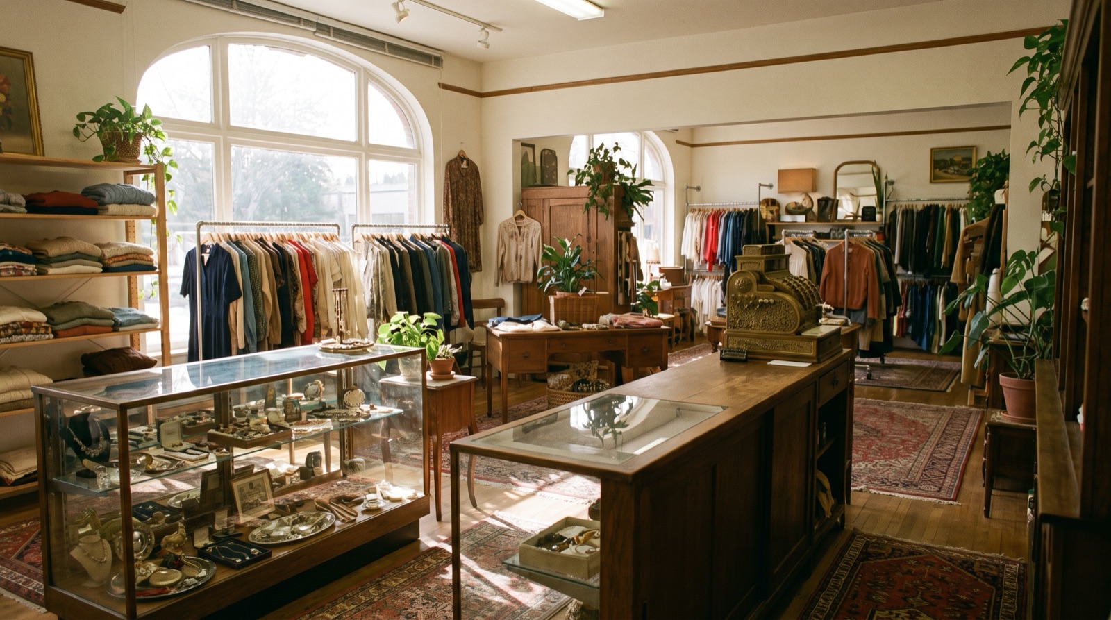 A warm vintage resale shop interior — garment racks, a wooden counter with a brass register, afternoon window light